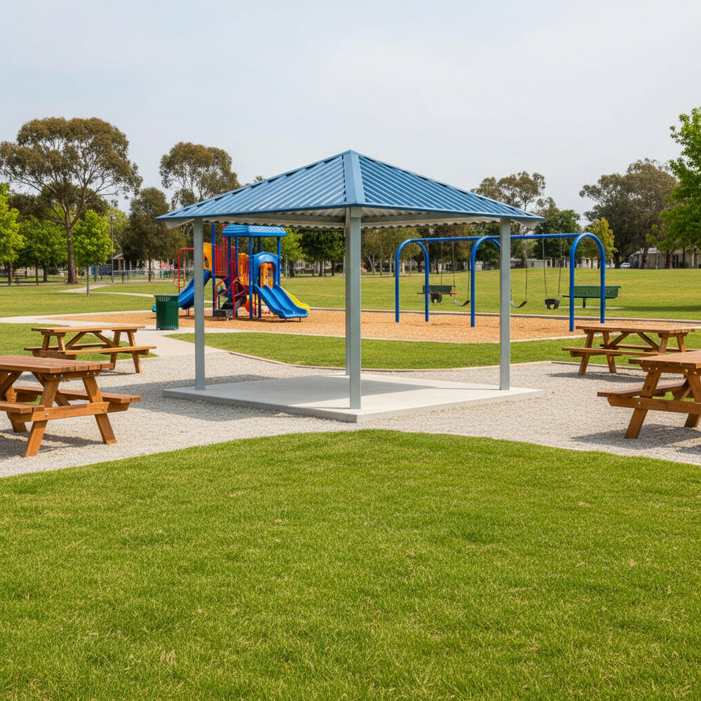 Three‑quarter view of square steel pavilion with blue roof and grey columns