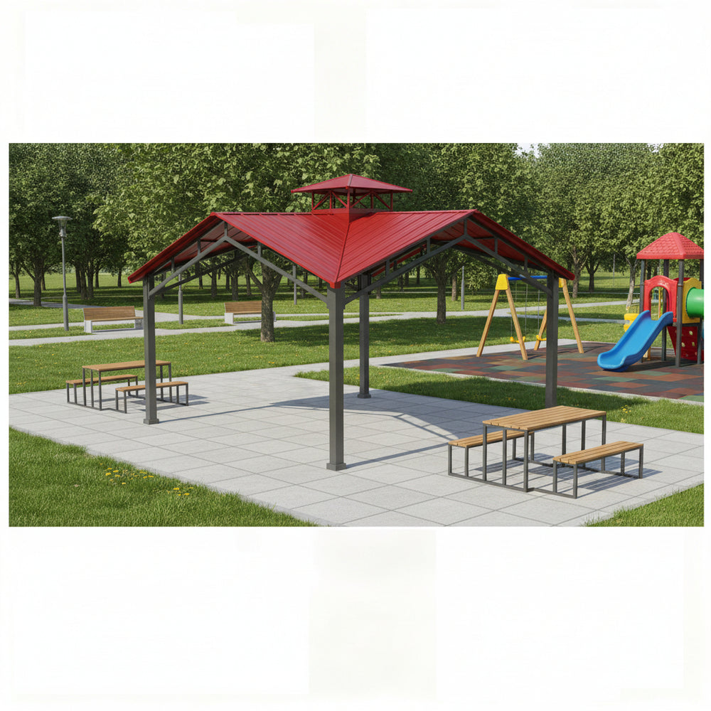 Outdoor architectural square pavilion with cupola and steel frame