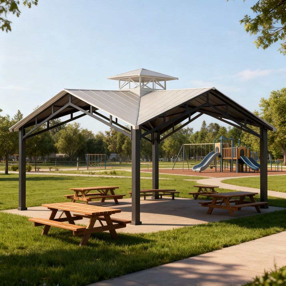 Square steel gazebo with cupola photographed on concrete base