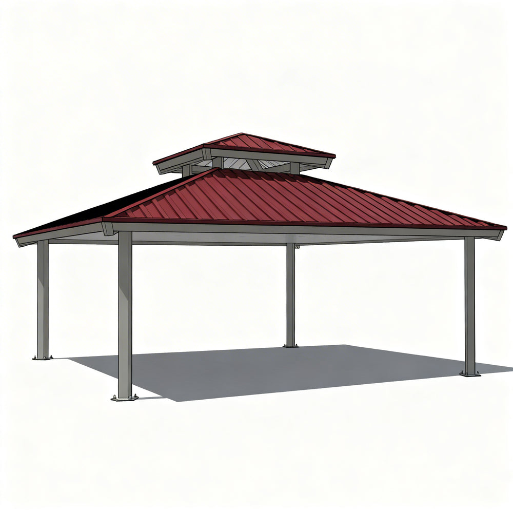 Square two‑tier steel gazebo with red hip roof and four support columns
