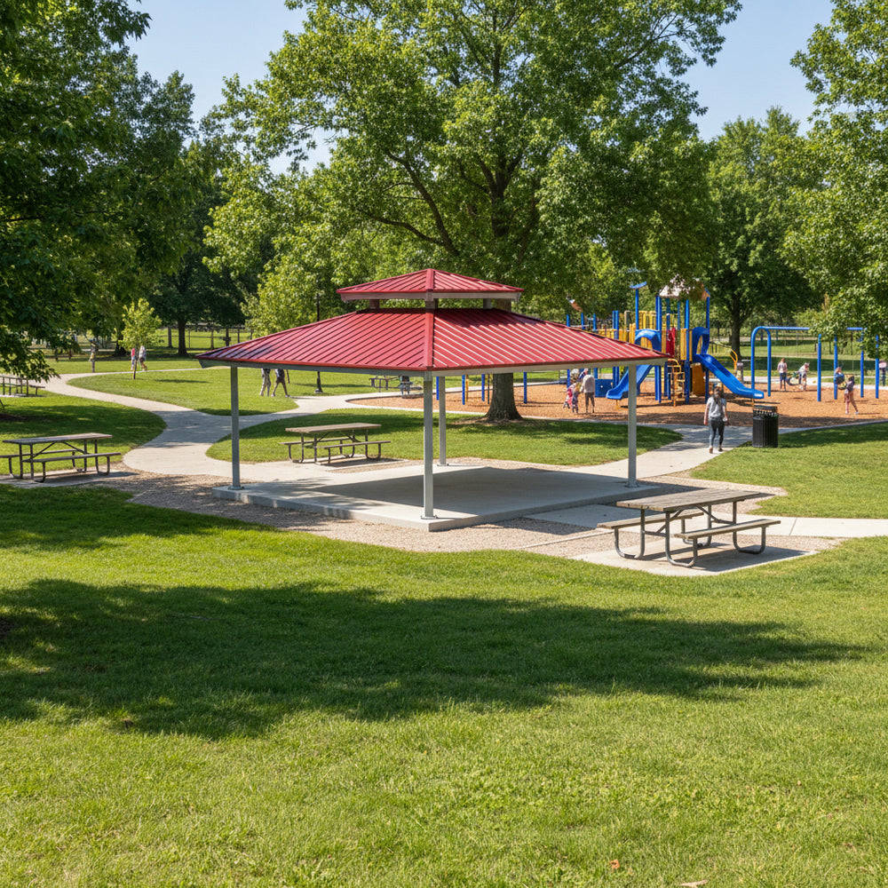 Full product view of square steel gazebo with two‑tier hip roof and modern design