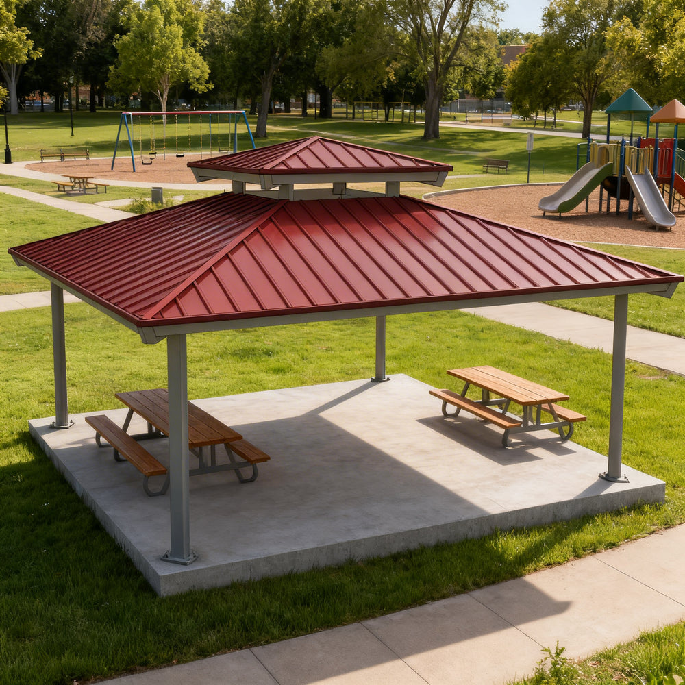 Top‑down angle showing square pavilion roof geometry and column layout