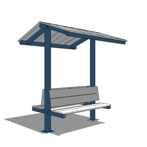 Three‑quarter view of micro steel pavilion with gable roof and seating