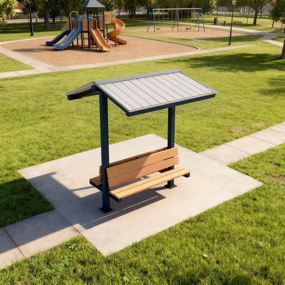 Front view of compact steel shelter with built‑in seating