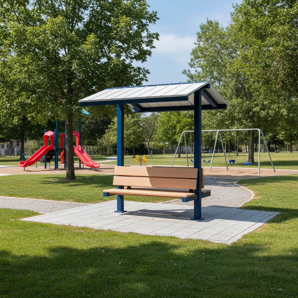 Close‑up of steel roof panels and structural columns on micro shelter