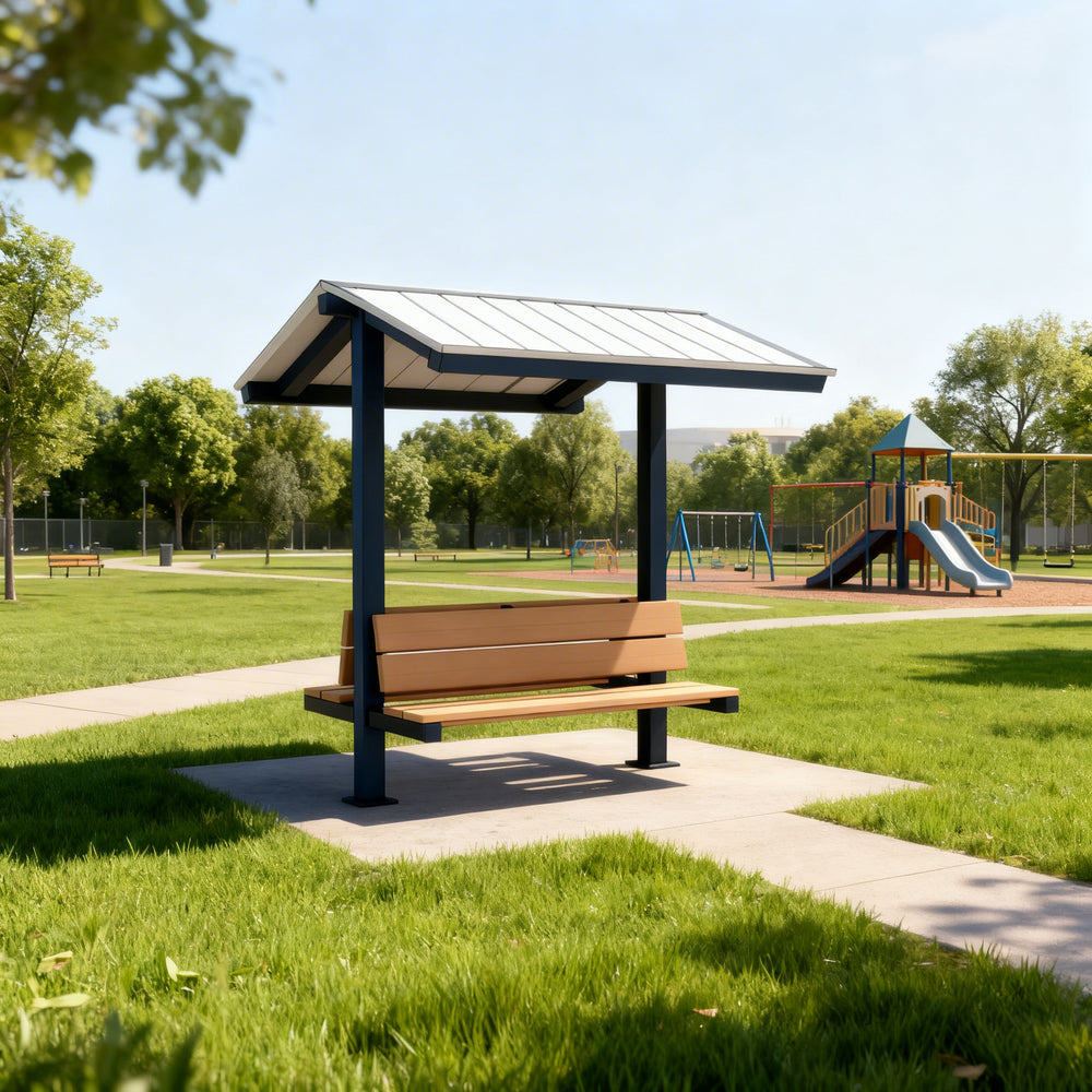 Full product view of square steel gazebo with integrated benches
