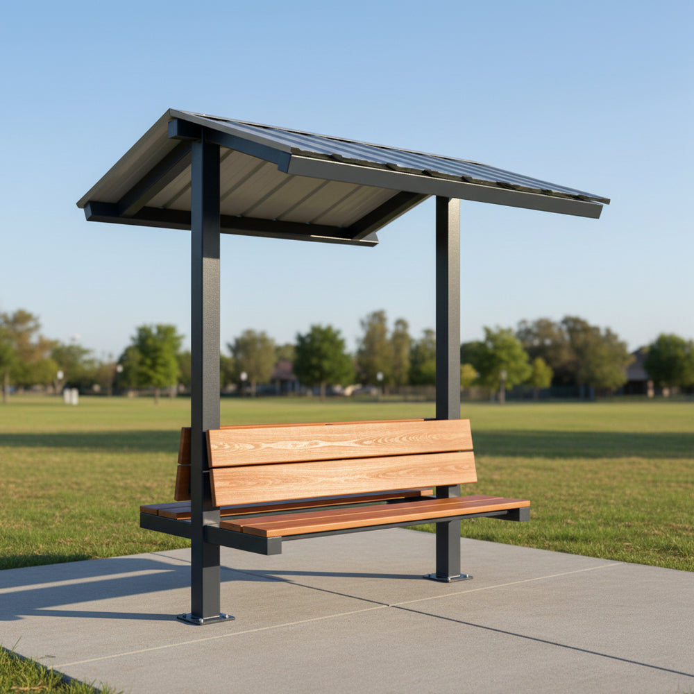 Side angle of square gable‑roof micro pavilion with benches