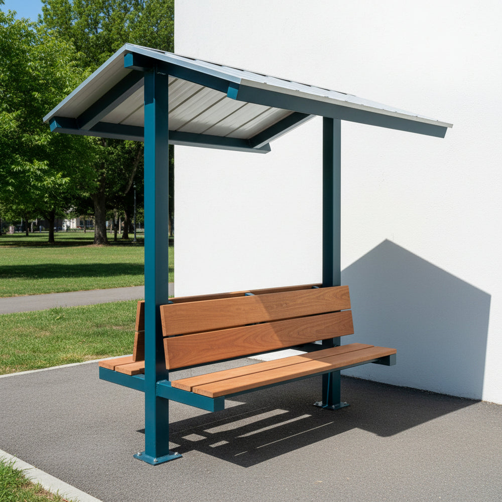 Outdoor micro shelter with gable roof and steel frame