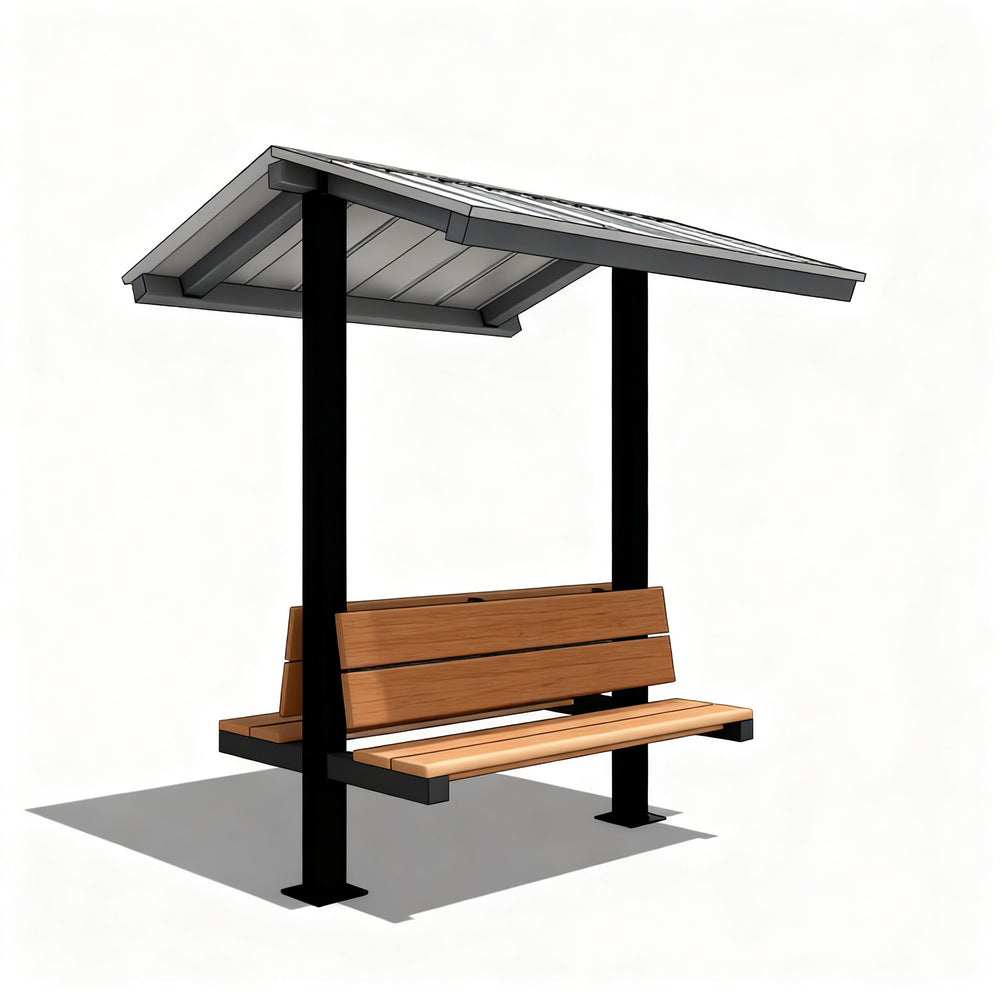 Side angle of square gable‑roof micro pavilion with benche
