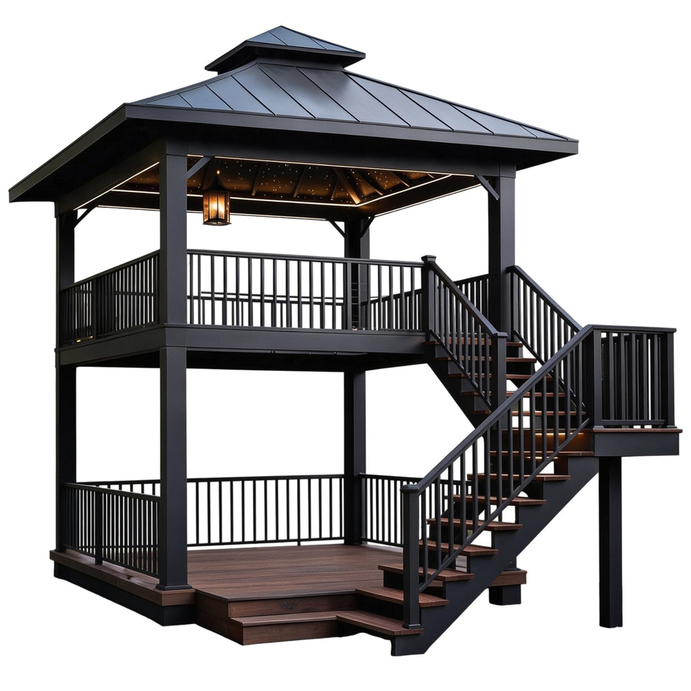 A two-story outdoor gazebo with a dark charcoal metal roof and frame, dark railings, and brown wooden steps and flooring, shown on a solid white background.