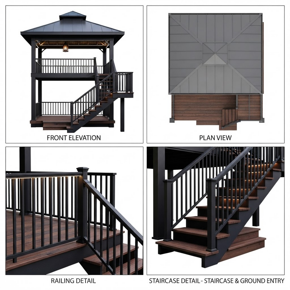A four-panel architectural product diagram showing a black outdoor deck gazebo and staircase system. The panels are labeled FRONT ELEVATION, PLAN VIEW, RAILING DETAIL, and STAIRCASE DETAIL - STAIRCASE & GROUND ENTRY, with clean white backgrounds and black framing.