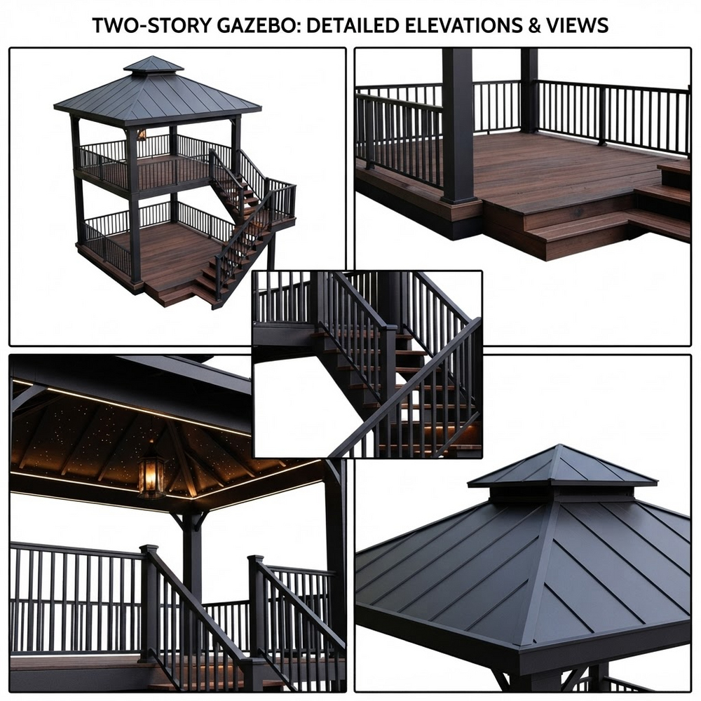 A collage showing a two-story gazebo/deck set from multiple angles, including the full elevated structure, close-ups of the dark metal roof, stairs, and railings, with the text 'TWO-STORY GAZEBO: DETAILED ELEVATIONS & VIEWS' at the top.