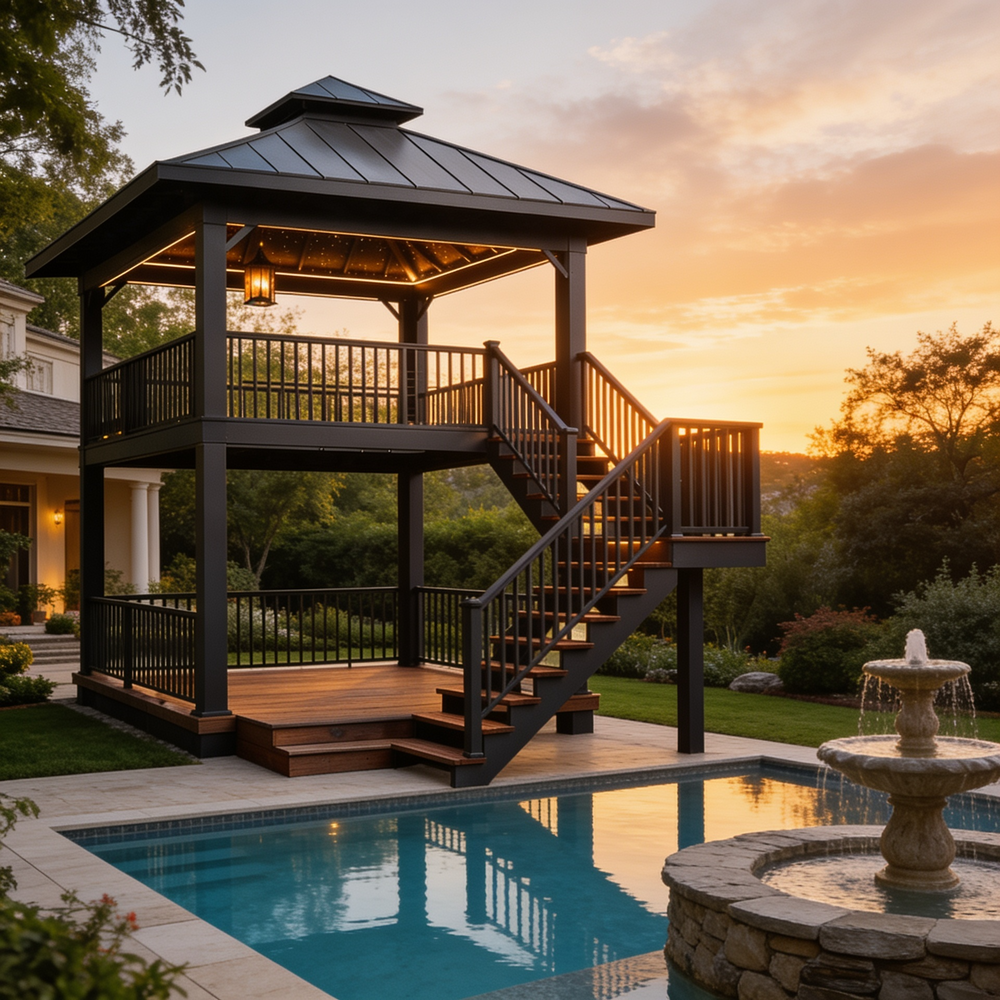 A two-story outdoor gazebo with a dark metal roof and staircase, situated next to a swimming pool in a landscaped backyard at sunset.