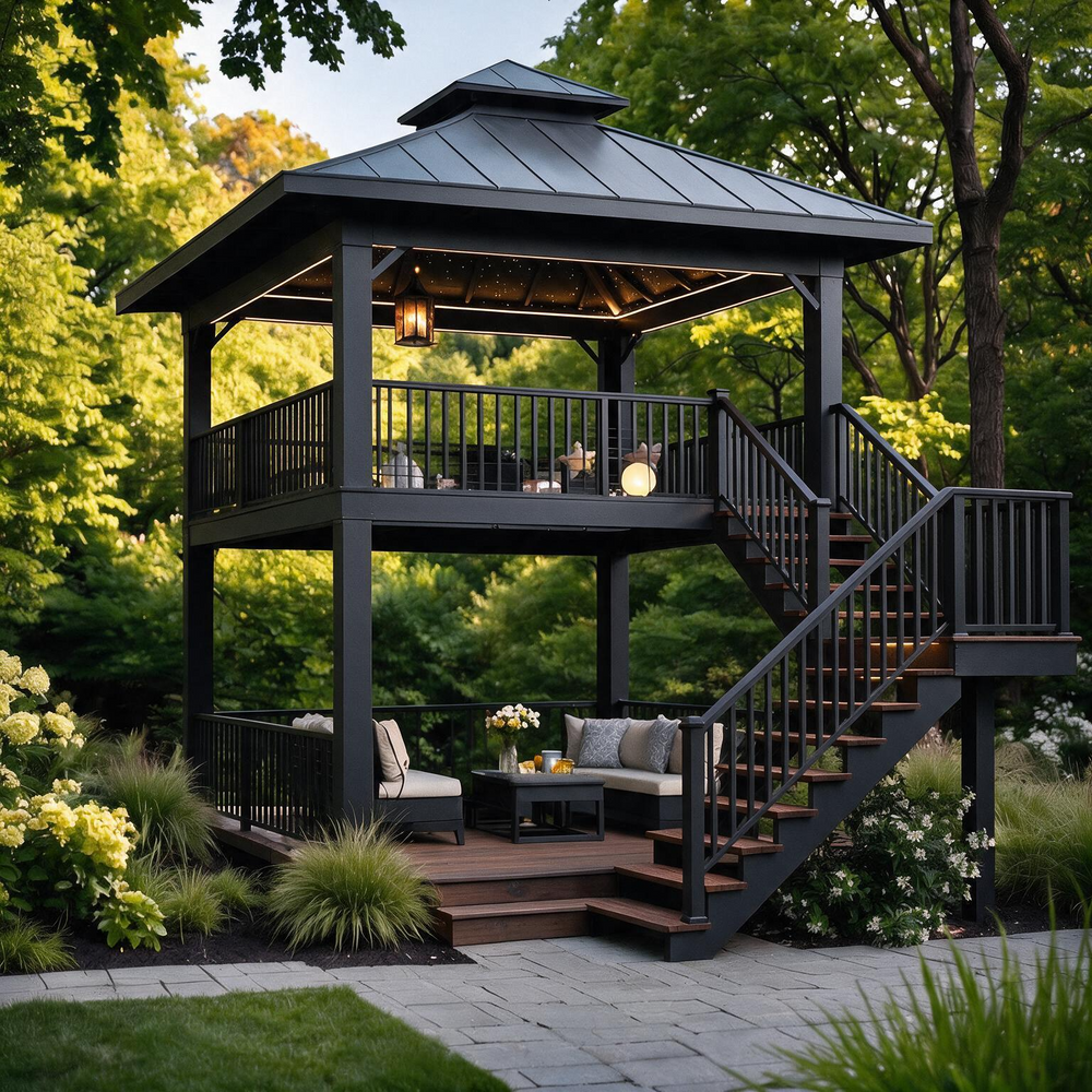 A two-story outdoor gazebo with a dark metal roof and railing, featuring an attached staircase, a lower patio seating area with a coffee table and cushions, and a lush green garden background.
