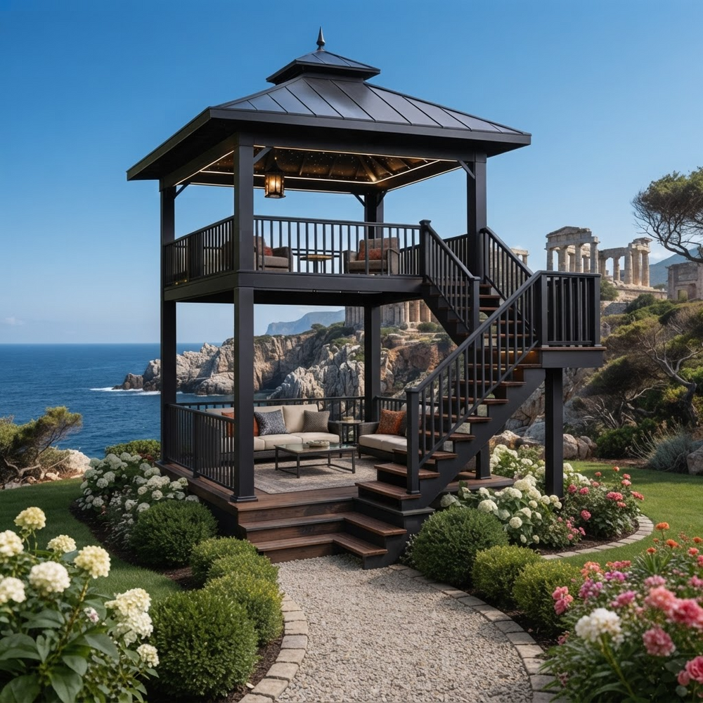 A two-tiered black wooden outdoor gazebo with an attached staircase, furnished with a small lounge chair and table, set in a lush garden overlooking the ocean and classical ruins.