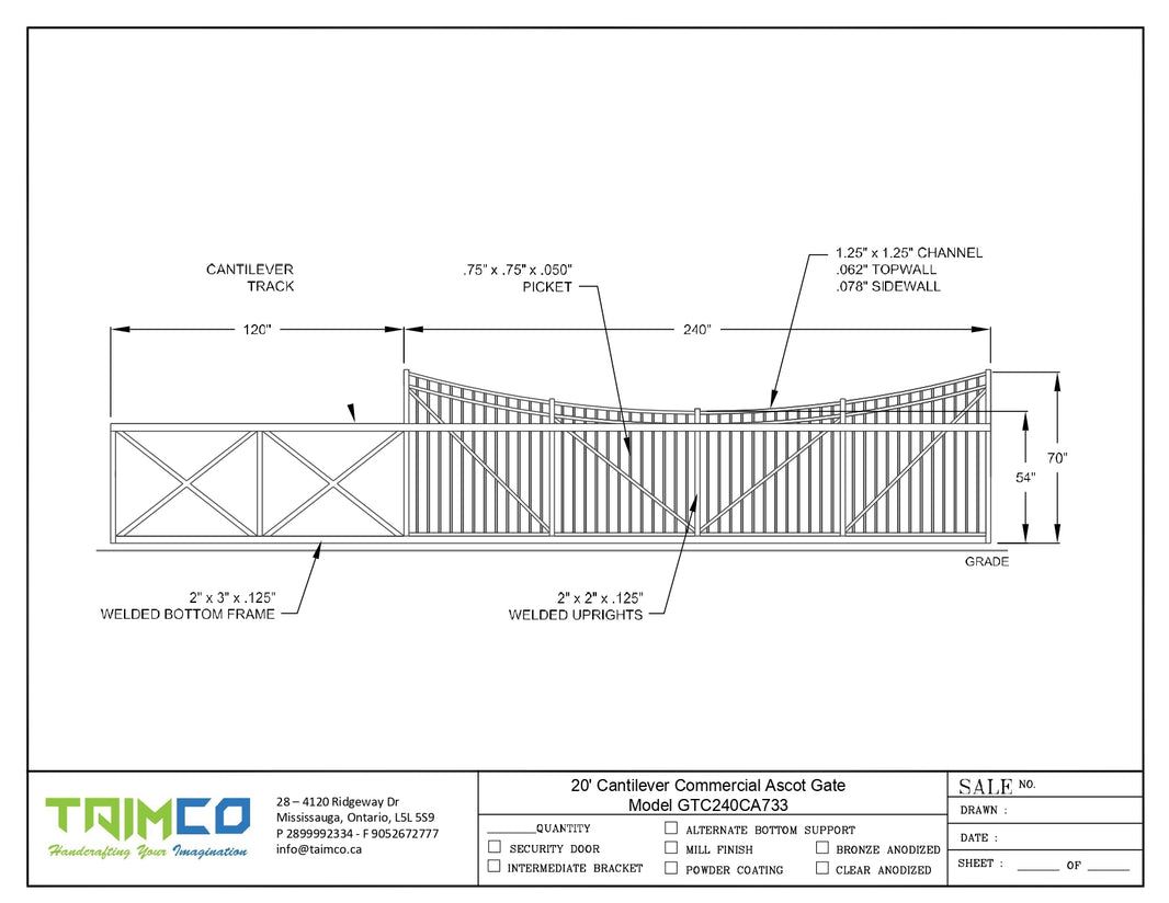 Cantilever Commercial Ascot Gate - Ornament Pickett - Model GTC240CA733