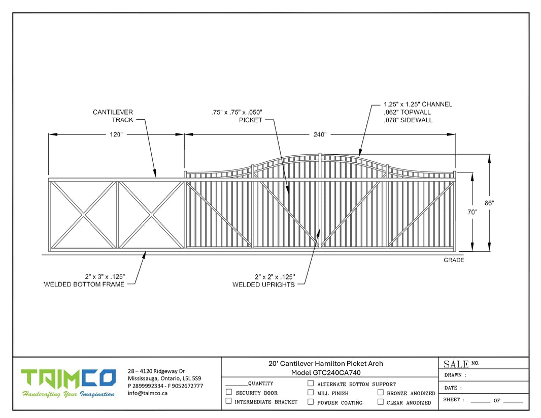 Cantilever Commercial Ascot Gate - Ornament Pickett - Model GTC240CA740