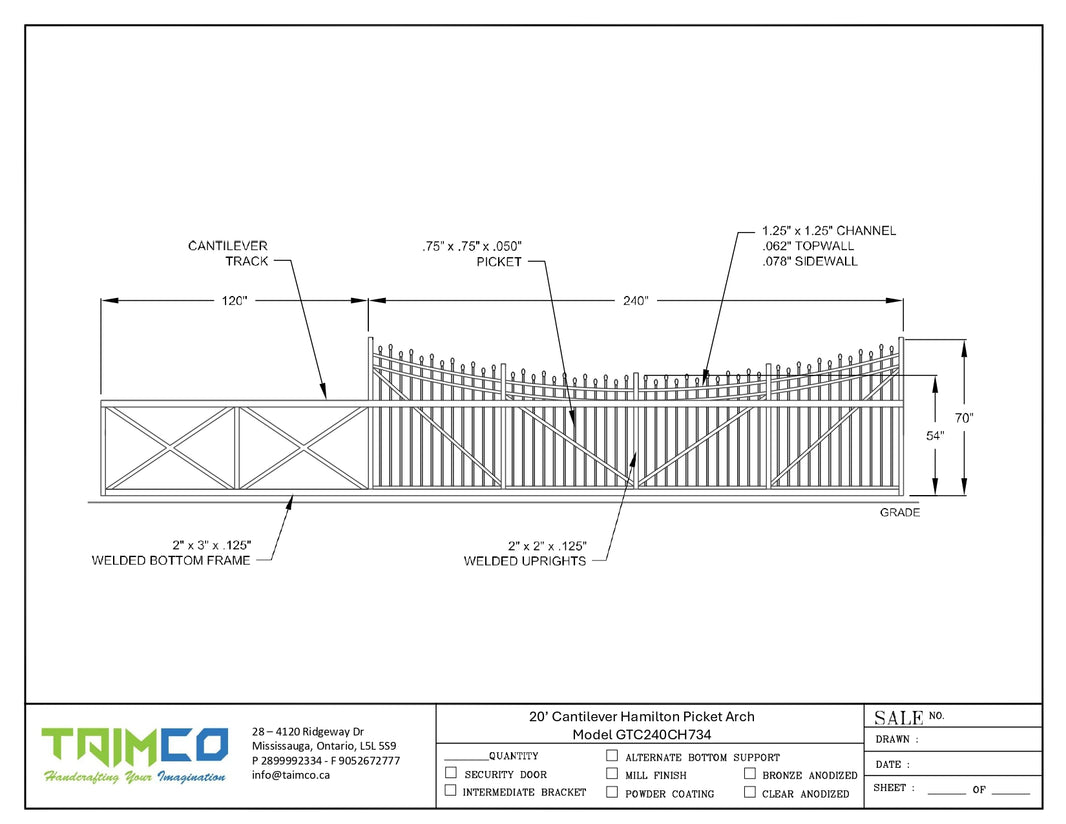 Cantilever Commercial Ascot Gate - Ornament Pickett - Model GTC240CH734