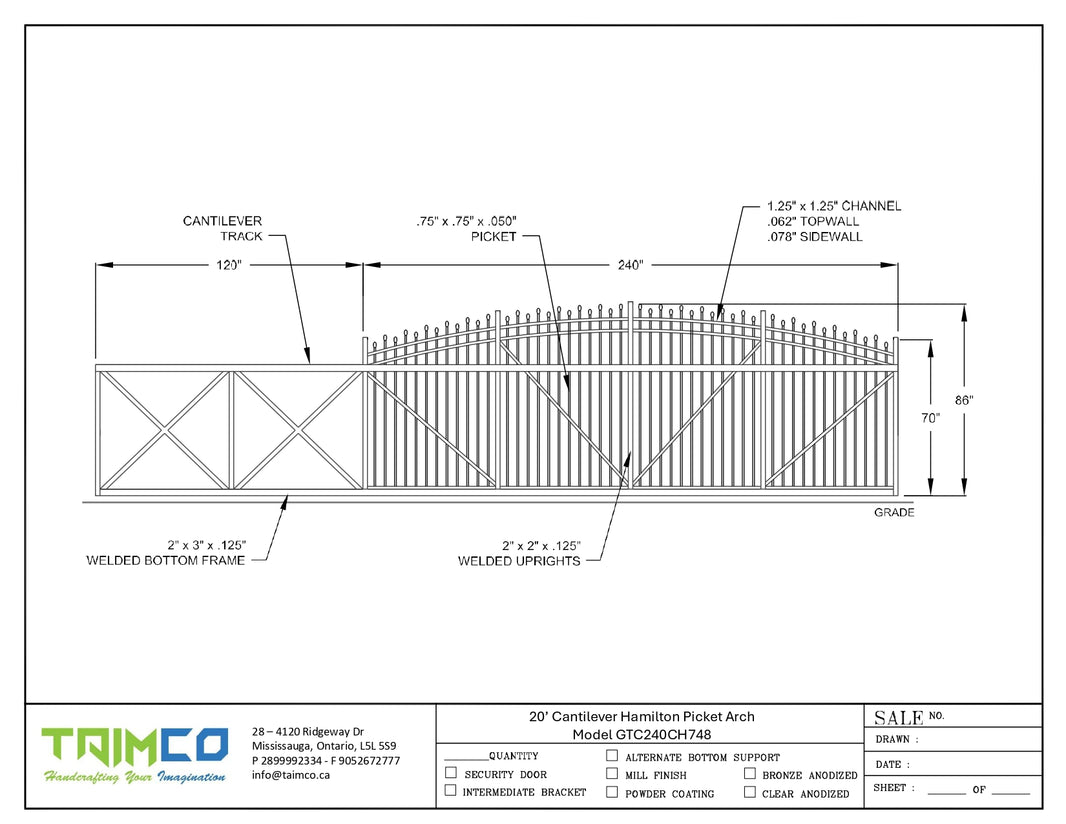 Cantilever Commercial Ascot Gate - Ornament Pickett - Model GTC240CH748