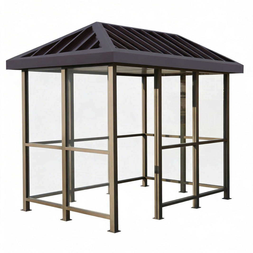 TAIMCO bus stop shelter with bronze steel frame, slanted roof, and full glass side panels.