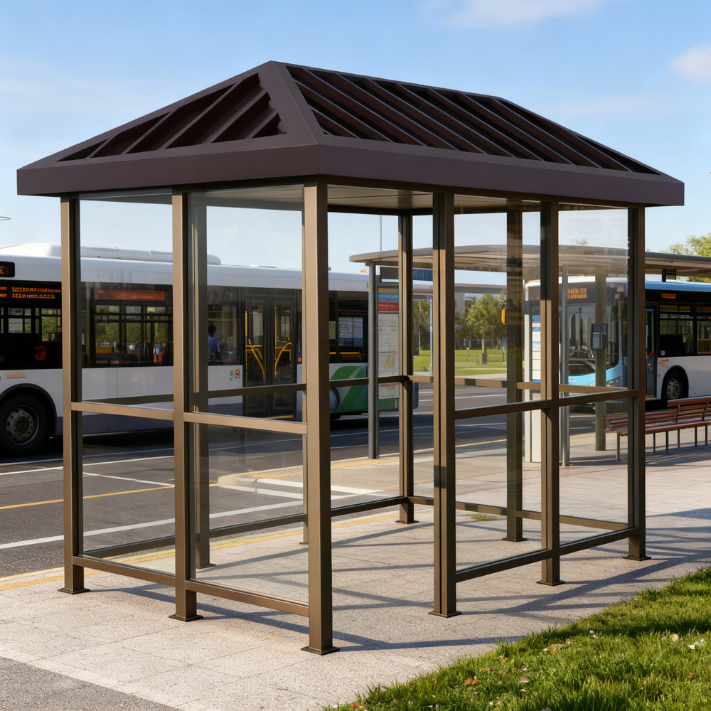 Bronze‑finished steel frame and precision‑welded joints on TAIMCO bus stop shelter.