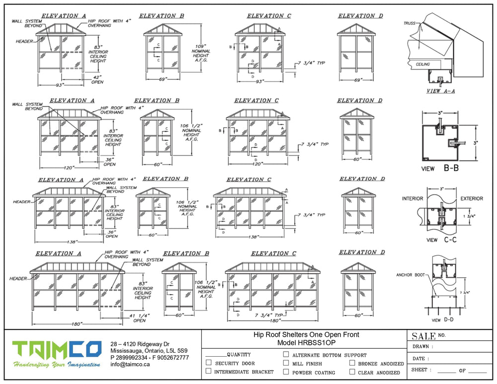 Technical drawings of a roof shelter with various views and dimensions, featuring the brand 'Taimco'.