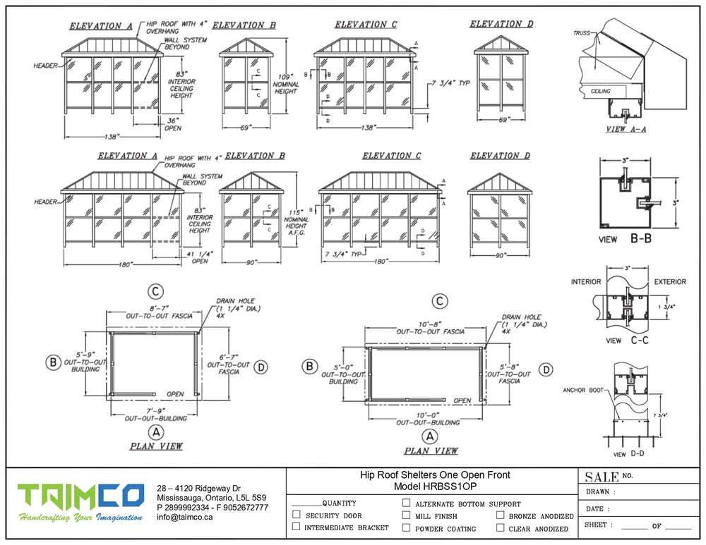 Technical drawings of a hip roof shelter with various views and dimensions, featuring the Taimco logo.