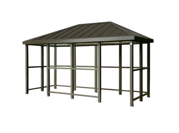 TAIMCO bus stop shelter installed outdoors with hip‑top roof and glass side panels for public transit use.