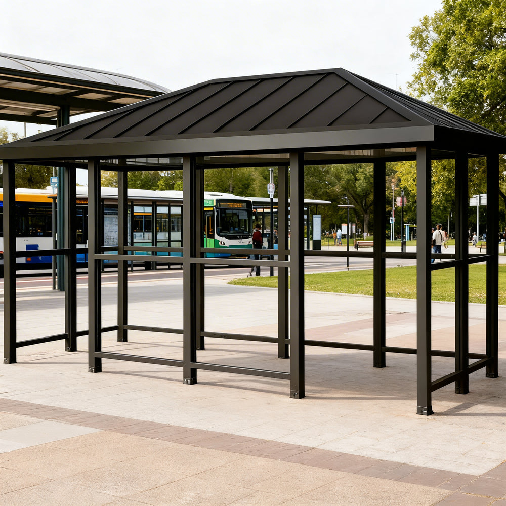 Black steel frame and precision‑welded joints on TAIMCO bus stop shelter.