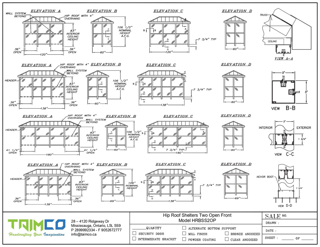 Hip Top Roof Bus Stop Shelter One Open Front Model HRBSS2OP