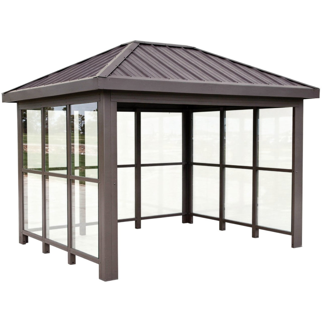 TAIMCO bus stop shelter with sloped metal roof and full glass side panels.