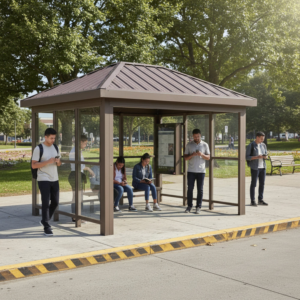 Close‑up of sloped metal roof panel on TAIMCO bus stop shelter showing durable weather‑resistant construction.