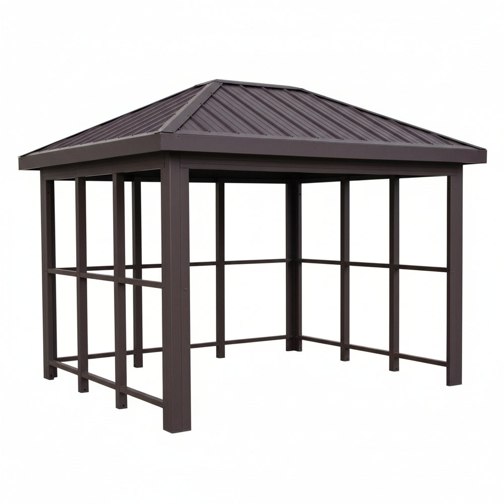 TAIMCO bus stop shelter installed outdoors with slanted roof and glass side panels for public transit use.