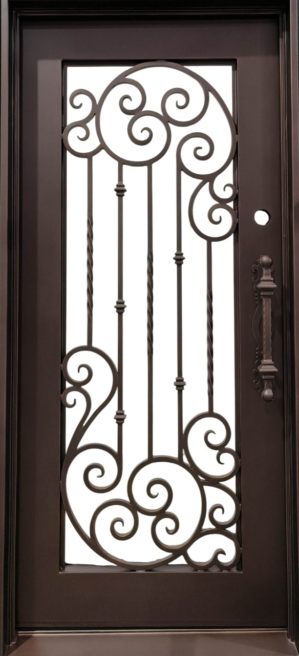 Square Top Wrought Iron Single Entry Door with Kickplate Base and Optional Scroll Detailing Model # IWD 925