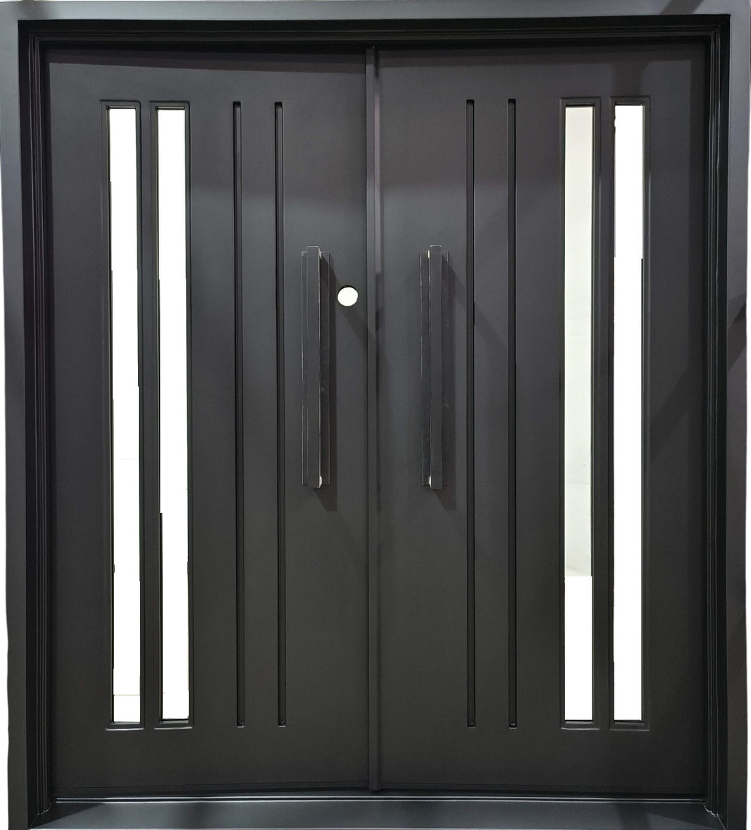 Square Top Modern Wrought Iron Entry Door with Kickplate and Frosted Glass Inserts Model IWD 926