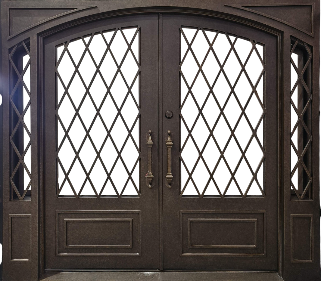 Square Top Wrought Iron Double Entry Doors with Vertical Scroll Panels and Transom Window Model # IWD 933
