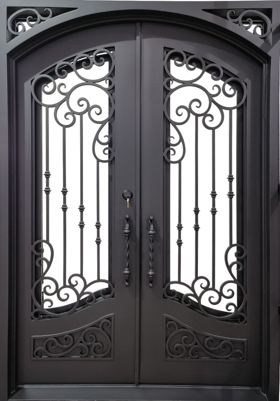 Arched Wrought Iron Double Door with Ornamental Scroll Vines and Center Medallions – Model # IWD 941