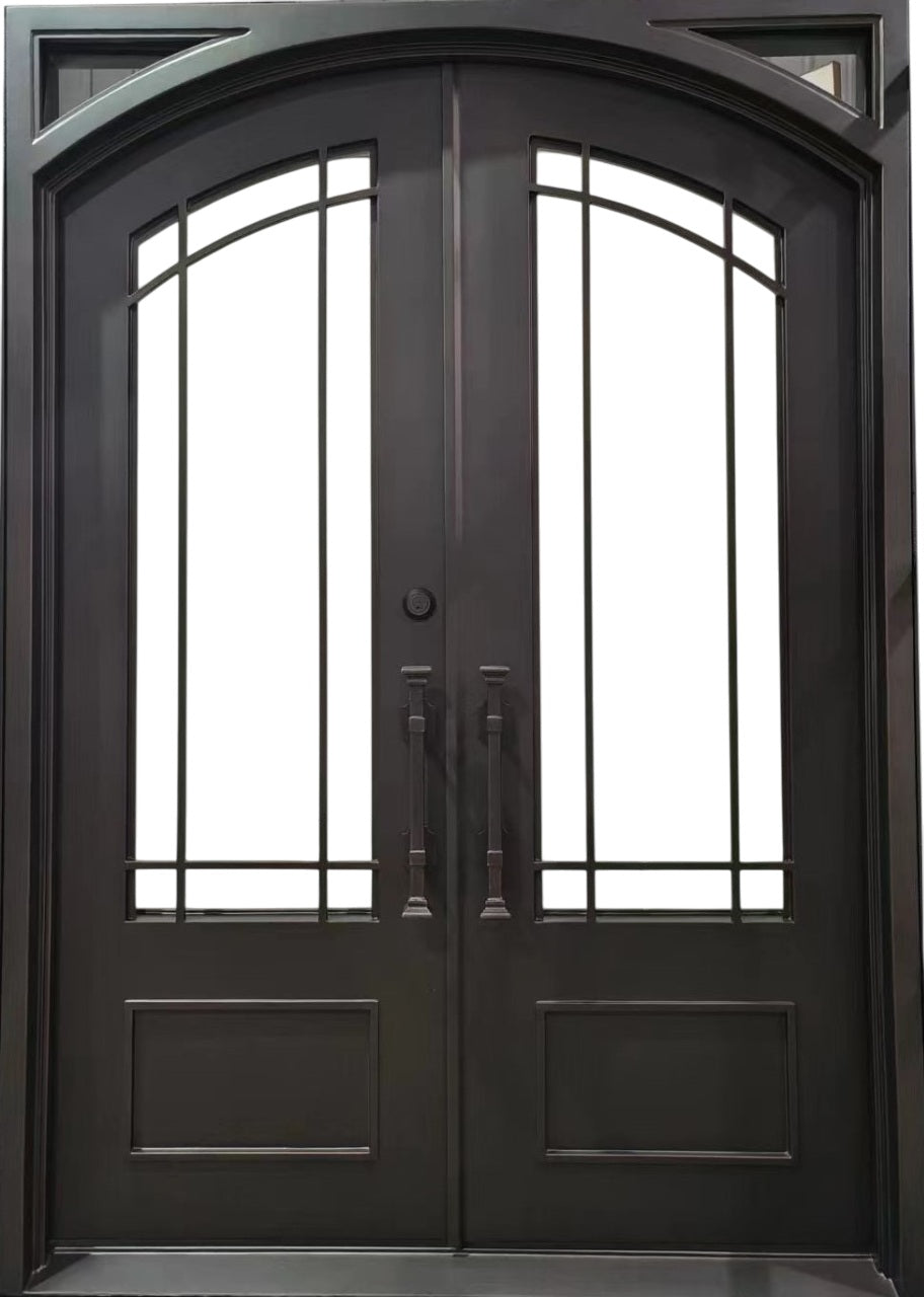 Square Top Wrought Iron Entry Door with Kickplate Base and Custom Matte Black Finish Model # IWD 944