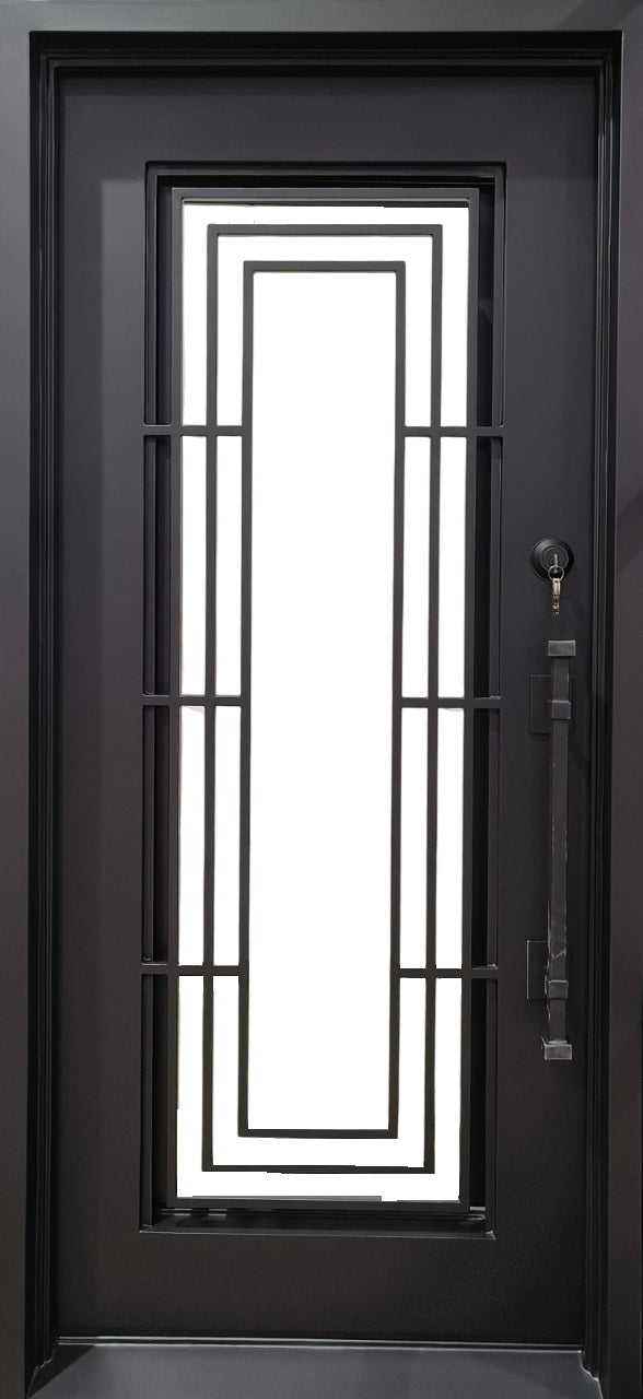 Square Top Modern Wrought Iron Entry Door with Geometric Framing and Centered Glass Panel Model # IWD 949