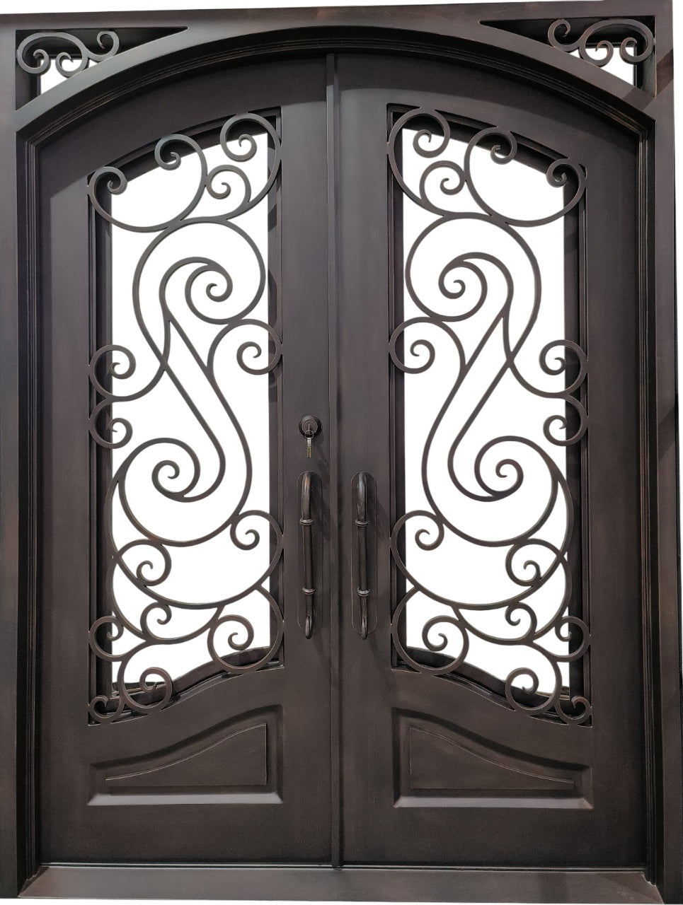 Arched Wrought Iron Double Door with Enhanced Floral Scrollwork and Dual Rosette Medallions – Model # IWD 950
