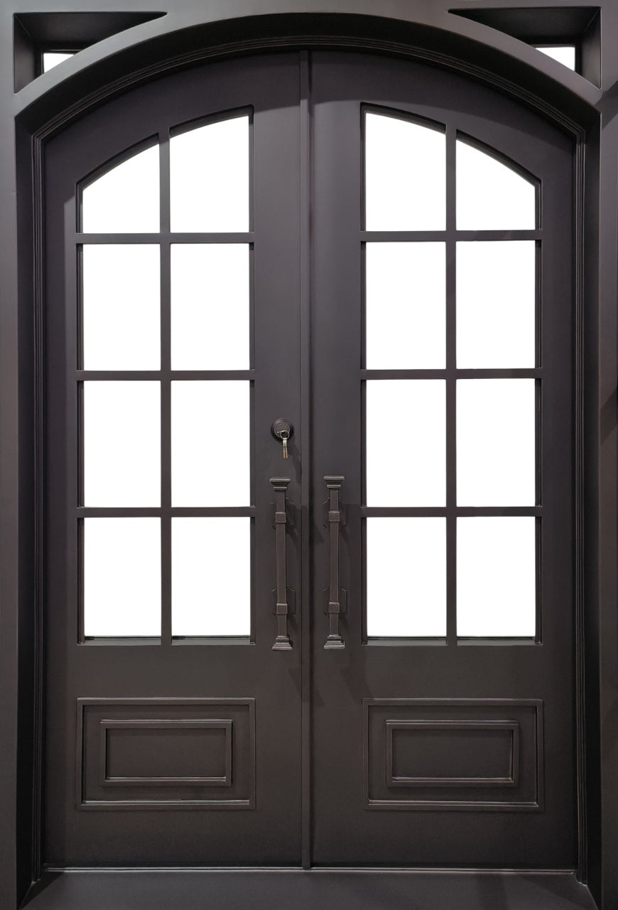 French Style Square Top Wrought Iron Entry Door with Kickplate and Custom Scrollwork Model # IWD 952