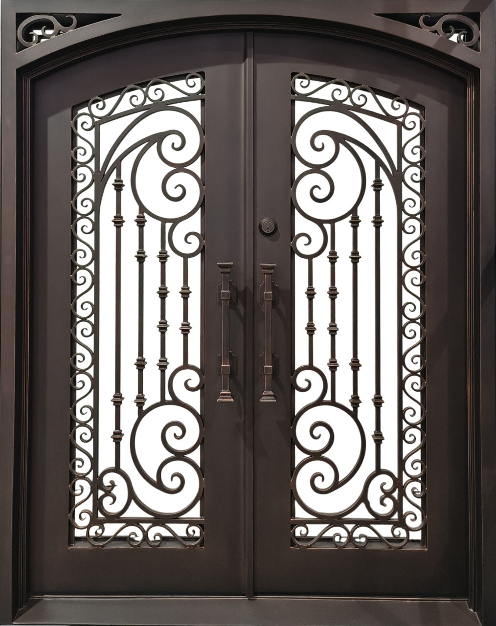 Arched Wrought Iron Double Door with Enhanced Floral Scrollwork and Dual Rosette Medallions – Model # IWD 953