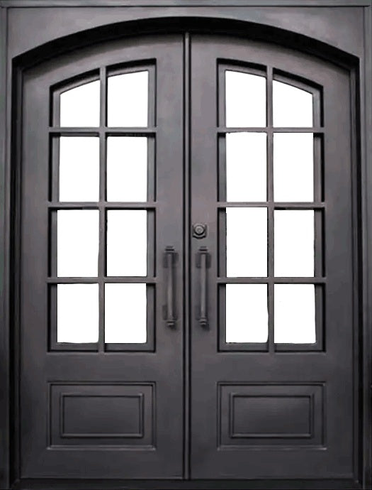 French Style Square Top Wrought Iron Entry Door with Kickplate and Ornamental Scrollwork Model # IWD 960