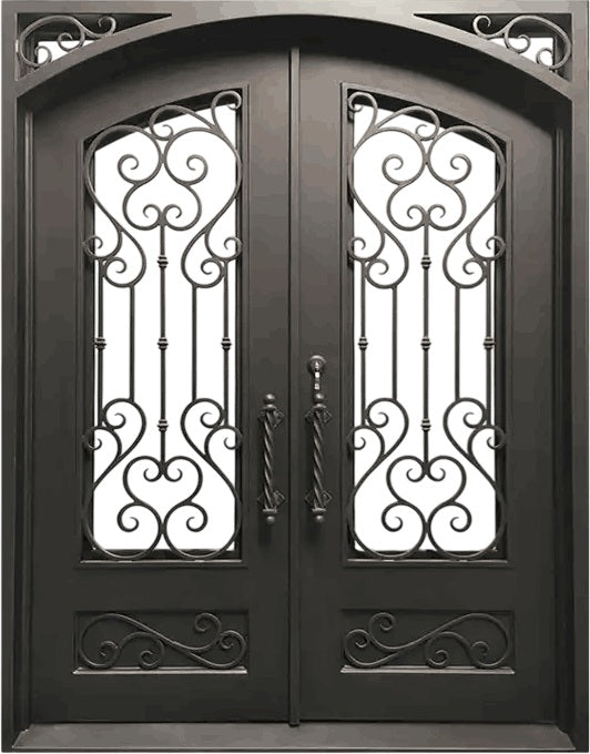 Square Top Wrought Iron Double Swing Doors with Elevated Scroll Panel & Top Window Model IWD 963