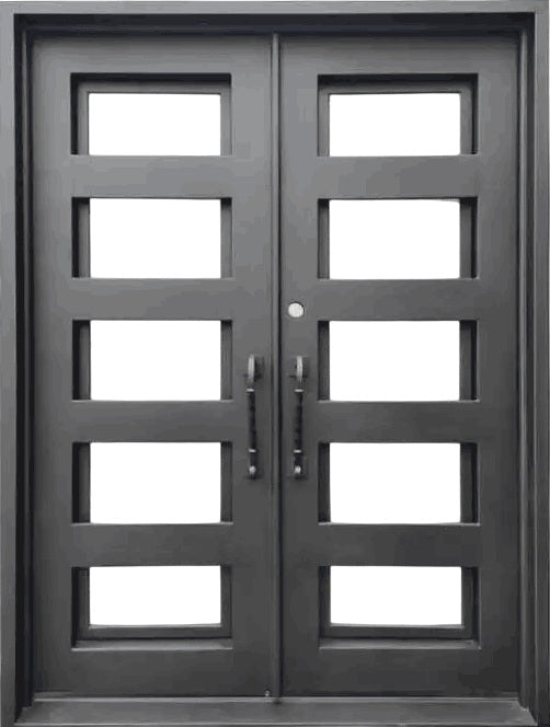 Square Top Modern Wrought Iron Entry Door with Strap Detailing and Kickplate Panel Model # IWD 968