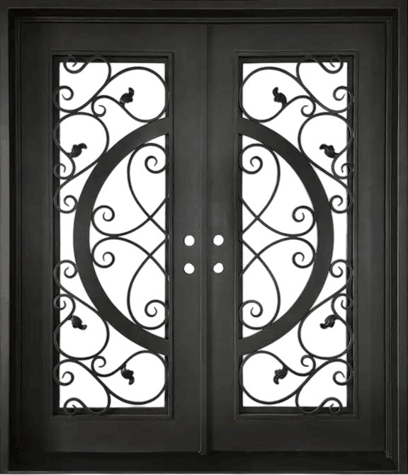 Arched Wrought Iron Double Door with Scroll Vines, Bird Motifs, and Circular Medallion Accents – Model # IWD 970