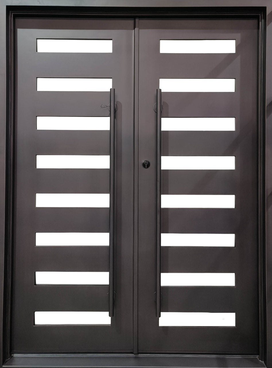 Square Top Wrought Iron Entry Door with Kickplate Base and Matte Black Finish Model # IWD922