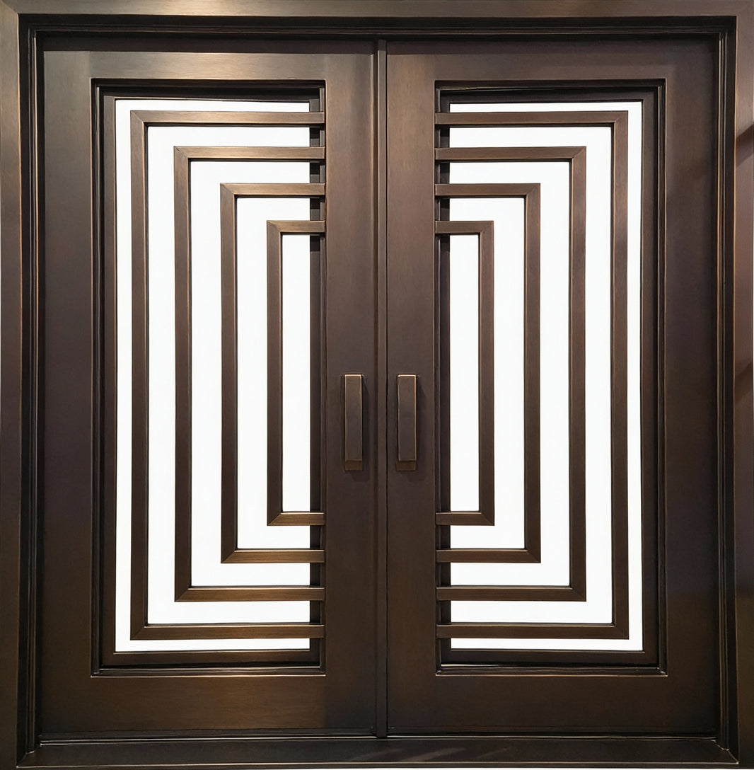 Square Top Wrought Iron Entry Door with Kickplate Base and Frosted Glass Accents Model # IWD924