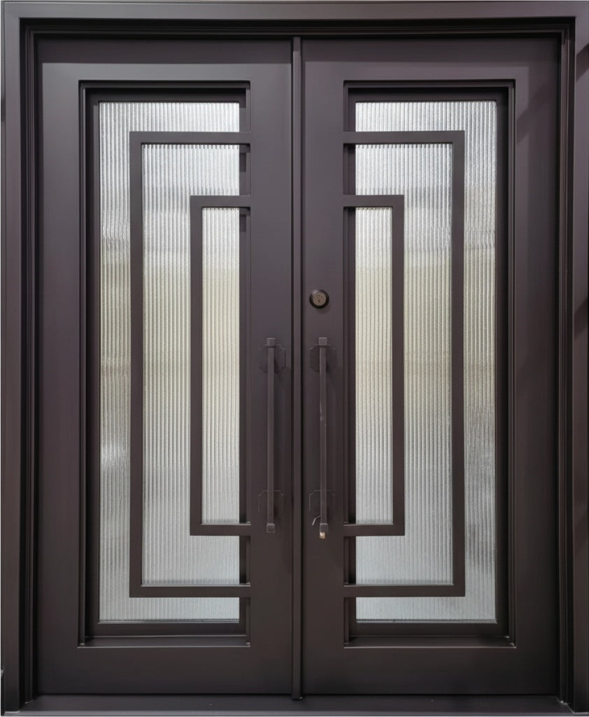 Square Top Wrought Iron Entry Door with Kickplate Panel and Matte Black Finish Model # IWD947