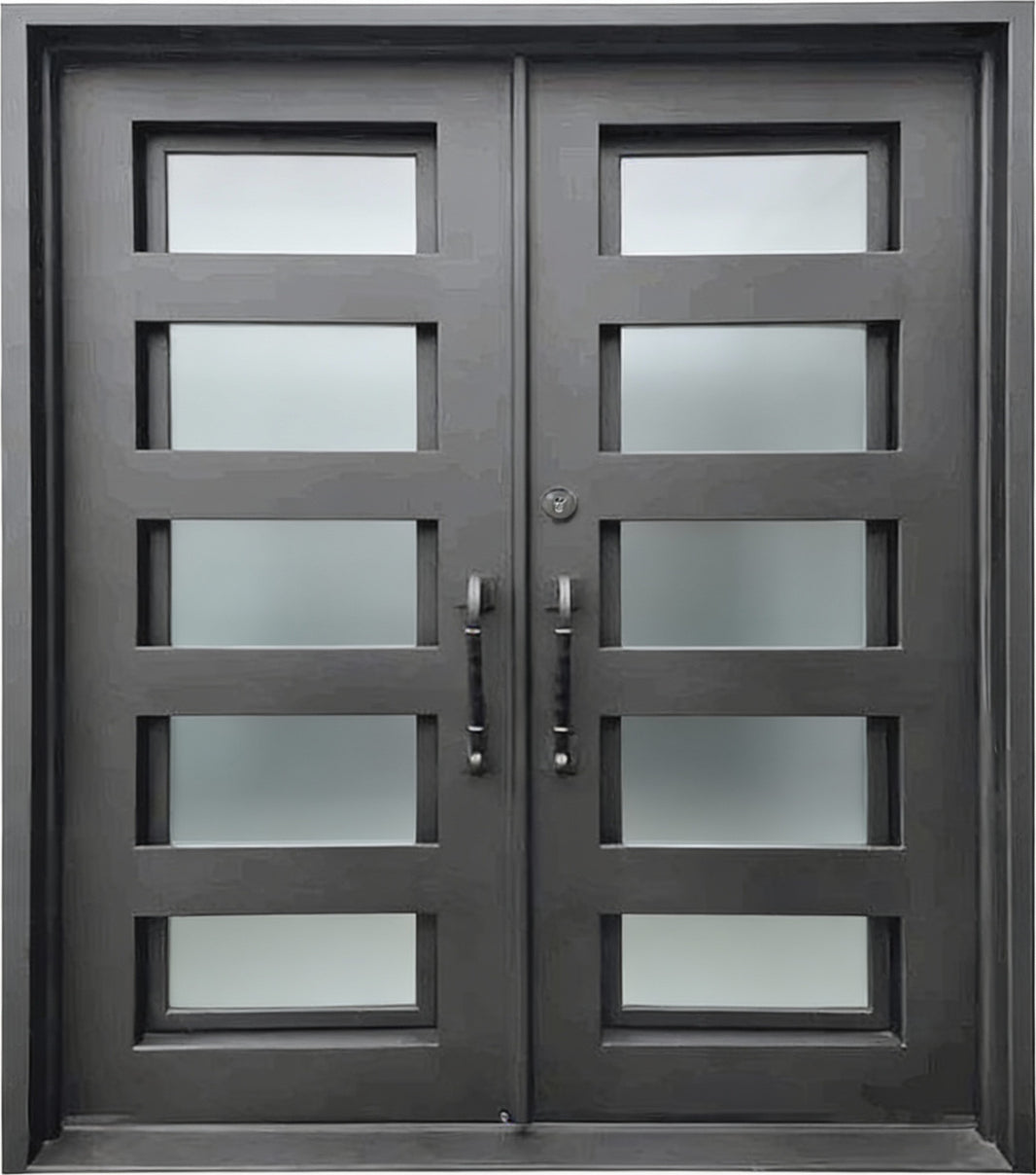 Square Top Modern Wrought Iron Entry Door with Strap Detailing and Kickplate Panel Model # IWD968